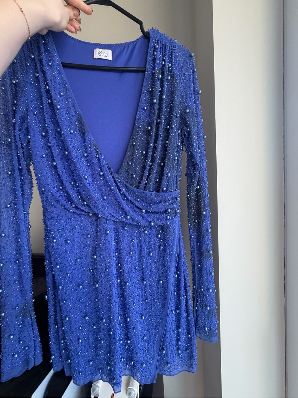 Beaded Wrap-Front Long Sleeve Dress - Royal Blue